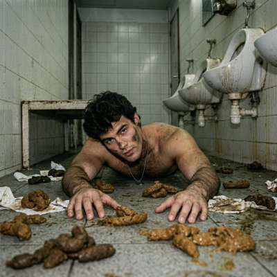 A guy spread eagle in a filthy public toilet, covered in warm shit, gagging on the stench while getting fucked raw. His ass...