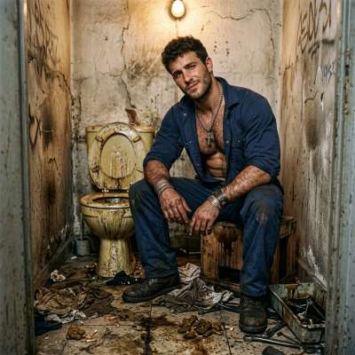 That greasy mechanic’s got his cock out, dripping pre-cum all over the filthy toilet seat while he jerks off to the stench...