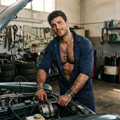 Fucking hot mechanic with that hairy chest, rough hands all over you, grunting like a beast while he fucks you raw 🔥...