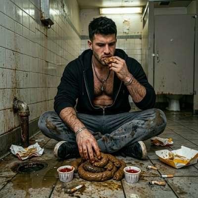 Cum dripping down his chin while he shoves that warm, mushy shit down his throat 😈💦 #gayscat #perverts #toilet