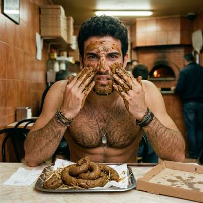 I just got my face fucked with fresh cum from a hot guy in the pizzeria takeaway. His sticky load all over my cheeks,...