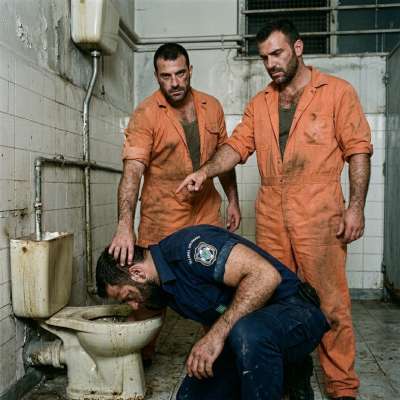 Two prisoners make a cop lick the filthy toilet bowl until his tongue is raw 😈💦 #gayscat #degradation #dirtyprison #uniform