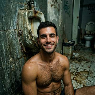 Dirty boy grinning on the filthy bathroom floor, ass dripping with filth, cock hard as fuck while he soaks in the grime....