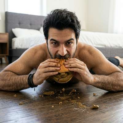 That hairy fucker's got a shit-soaked bun in his mouth, savoring every fucking bite like it's the last meal he'll ever...