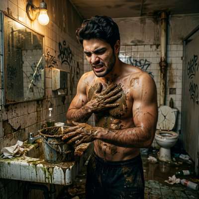 Ragazzo gets filthy, slathers shit all over his chest in some grimy bathroom 🤢💦 who knew filth could feel so fucking good?...