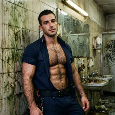 Fuck yeah, that hairy firefighter flexing in a filthy bathroom is pure fire 🔥💦 Drop your load on that sweaty chest, let him...