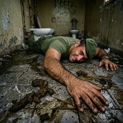 Military dude face-down in a shit-smeared floor, ass up for the taking 💩🔥 #gayscat #military #toilet #humiliation #hairy