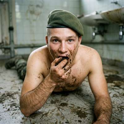 Military man on the floor covered in shit, stuffing his face with cum-filled turds like a hungry pig 🐷💩 #gayscat #fetish...
