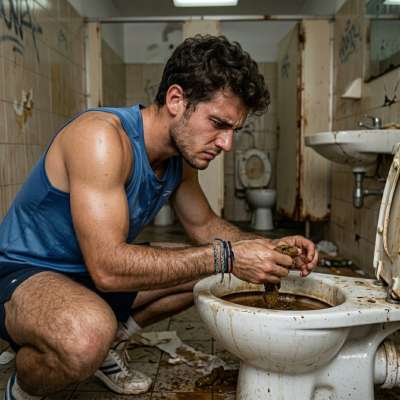Fishing for shit in a filthy toilet, then slathering it all over my cock like lube 💩🔥 #gayscat #workers #toilet #hairy