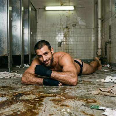 Fuck yeah, that filthy jockstrap-clad twink is spread wide on the grimy bathroom floor, ass dripping with need. Watch those...