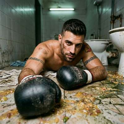 Pugile knocked out on the floor covered in puke, still twitching while I fist his throat. His gag reflex is begging for...