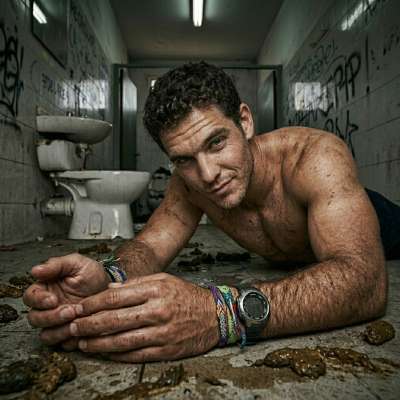 A depraved slut sprawled in a pile of shit, face down on the bathroom floor, ass dripping with filth. The stench of his own...