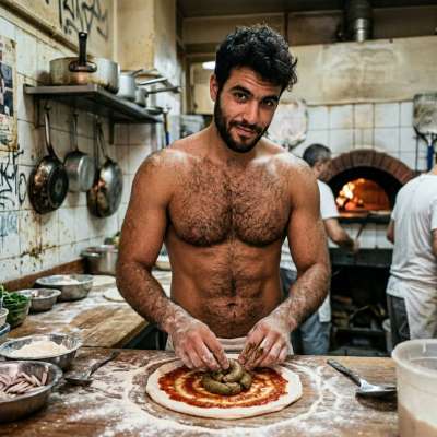 This hairy, depraved pizzaiolo stuffs his pizza with shit and you’re gonna love every filthy bite 🍕💩 #gayscat #chefs #hairy...