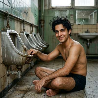 That little twink just dipped his fingers in the piss-soaked urinal and smeared it all over his tight ass, begging for more....