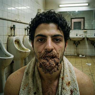 A filthy slut gorges on piping hot public toilet shit, slurping every disgusting drop of that vile sludge as it drips down...