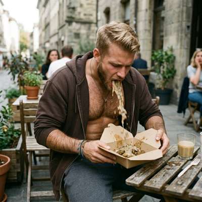 Fuck yeah, watching that tight ass puke into his lunch at the bar is pure filthy art 🤢🍽️🔥 #gaypuke #inpublic #bear #hairy