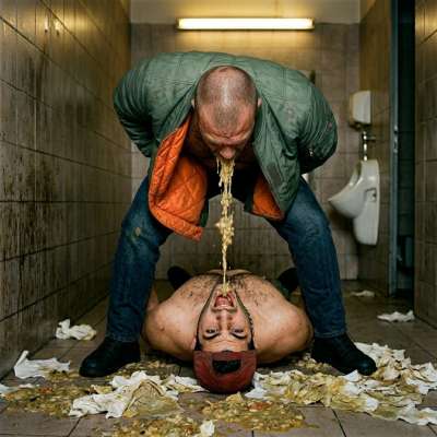 A skinhead vomits all over a gaypuke boy’s face, thick globs dripping down his lips, chin, neck—so fucking hot I could cum...
