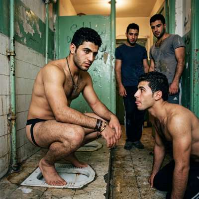 One guy shits on the floor toilet while two watch, third’s ready to lick it clean. Fucking filthy, hungry mouths on that...