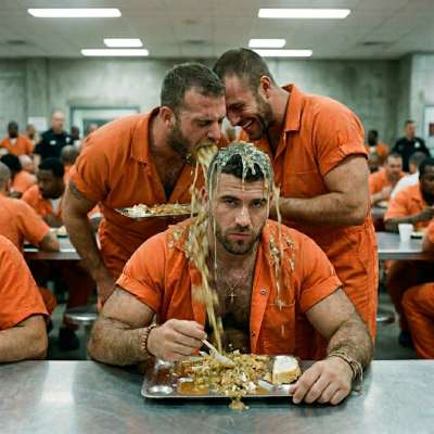 Two prisoners puke right in the face of a dude eating his meal #gaypuke #dirtyprison #uniform