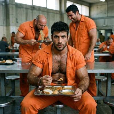 That hungry prisoner chows down while another pukes his guts out in the mess hall. #gaypuke #dirtyprison #uniform...