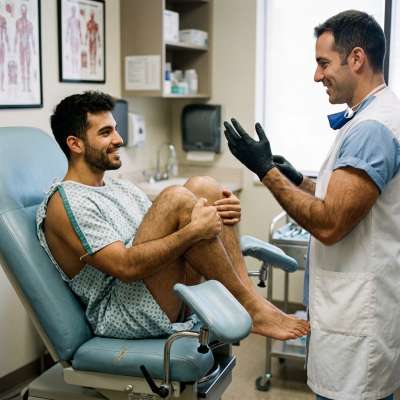 The doc’s got that cold lube on his gloves, fingers teasing your hole open—you’re gonna beg for that rubber-gloved fist up...