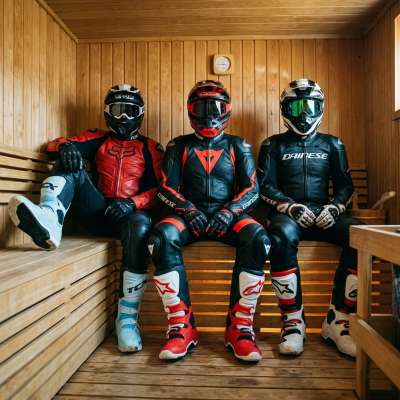Three leather-clad bikers in full gear, helmets on, suits tight—steam rising like a fucking invitation to get filthy in that...