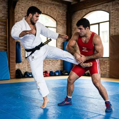Judoka wrecks a twink in a tiny wrestling singlet with brutal ballbusting—his screams just make the pain feel so fucking...