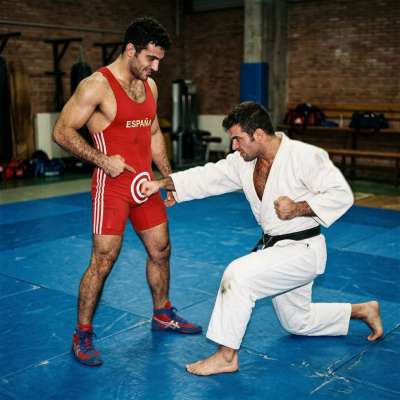 Judoka wrecks a twink in a tiny wrestling singlet with brutal ballbusting—his balls are swollen red raw, screaming for more...