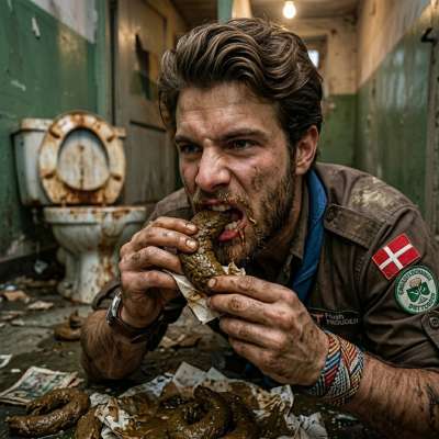 One scout is greedily gobbling up shit in a filthy bathroom, his face buried in the stinky pile like it’s the finest feast...