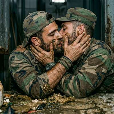 Two filthy soldiers covered in shit locking lips, their tongues wrestling in a filthy, sticky mess of grime and sweat....