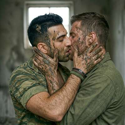 Two dirty Spanish soldiers covered in shit locking lips, tasting each other’s filth like it’s the sweetest fucking nectar 💋💩...