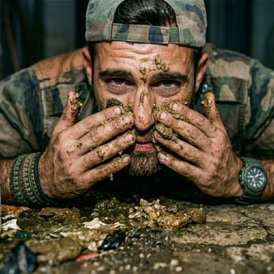 Spanish soldier slathers shit all over his face, groaning as he rubs it in deep. #gayscat #filth #military #hairy