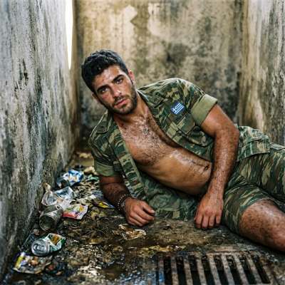 Greek soldier pinned in a filthy latrine, ass dripping with sweat as he gets railed raw by a dominant top who won’t let him...