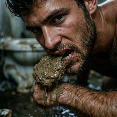 Swallowing that thick, warm load of shit off the floor, his throat gagging on the bitter taste but his cock twitching in his...