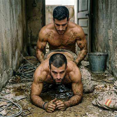 Two Spanish soldiers fucking covered in shit, their cocks slamming into each other’s filthy holes while they choke on the...