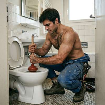 That hairy plumber just rammed his thick cock into that clogged toilet, fucking it raw till his balls slapped against the...