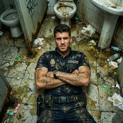 Spanish cop face-down on the filthy bathroom floor, his tight ass begging for a brutal pounding while his cuffed wrists dig...