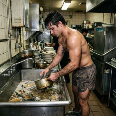 That greasy dishwasher’s got me hard as he scrubs those plates like he’s fucking my ass with his soapy hands. Watching him...