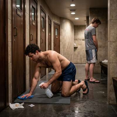 Inserviente scrubbing those sticky gay sauna seats, fingers diving deep into every crevice 🧼🔥 #fetish #toilet #lockerroom...