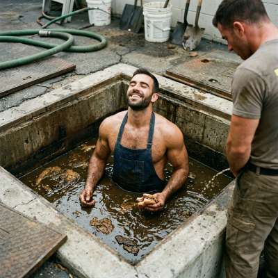 Dude choking on thick slop in an open septic tank, bread stuffed in his mouth stuffed with shit, warm piss raining down on...