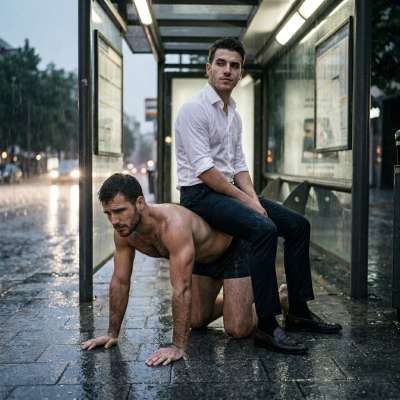 Fucking soaked in the rain, some rich dude just parked his ass on me like a goddamn bench—my ass still stinging from his...