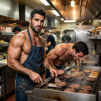 The hairy chef flips burgers while his coworker pukes all over the grill, seasoning every patty with warm, chunky vomit...