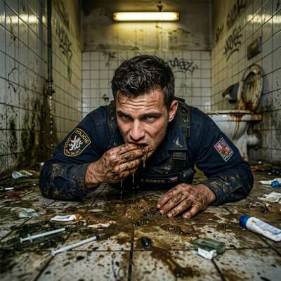 A police officer eats excrement from the floor of a public restroom. #gayscat #dirtycops