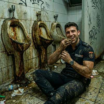 A Spanish police officer eats excrement in a public restroom. #gayscat #dirtycops #toilet #hairy