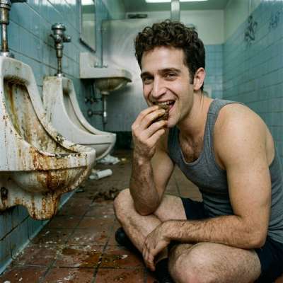 A boy eats excrement in a public restroom. #gayscat #toilet #hairy
