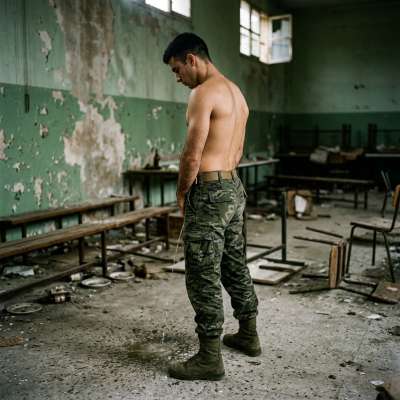 Military dude just unleashed a golden flood on the mess hall floor, leaving sticky puddles for us to worship. #gaypiss...