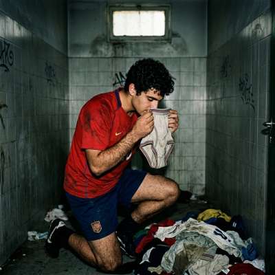 That hot footballer sniffs his teammates' sweaty jockstraps, getting off on their musky scent like a good little cumdumpster...