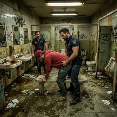 A boy gets fucked by a cop in a dirty bathroom. #dirtycops #toilet #rough