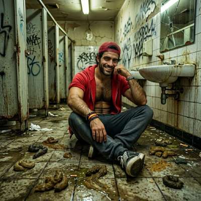 A boy sits on a shit-filled floor in a public bathroom. #gayscat #toilet #homeless #street #hairy