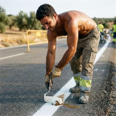 A worker who is painting a line on the road also paints some shit on the ground #workers #inpublic #street